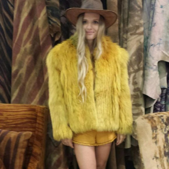 Vintage Jackets & Blazers - Vintage gold orange green yellow brown Saga Fox fur coat dyed medium large XL